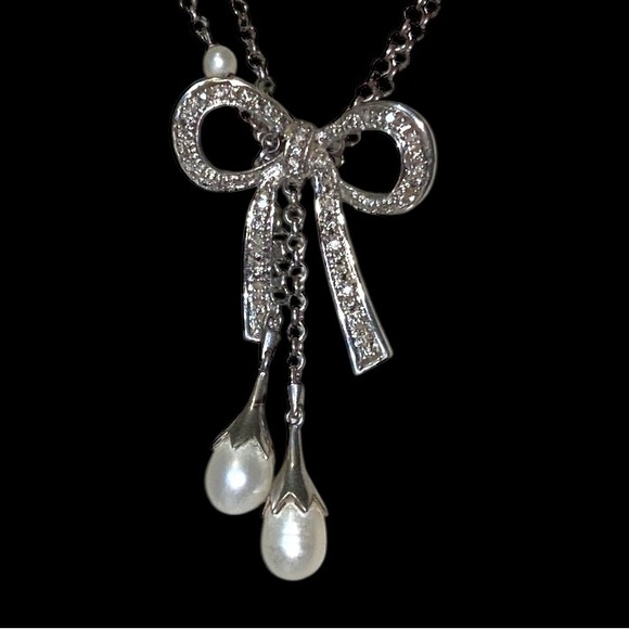 925 Sterling Silver Jewelry - 925 SILVER SET RIBBON BOW DROP NECKLACE & EARRINGS with DIAMONDS & PEARL ACCENTS